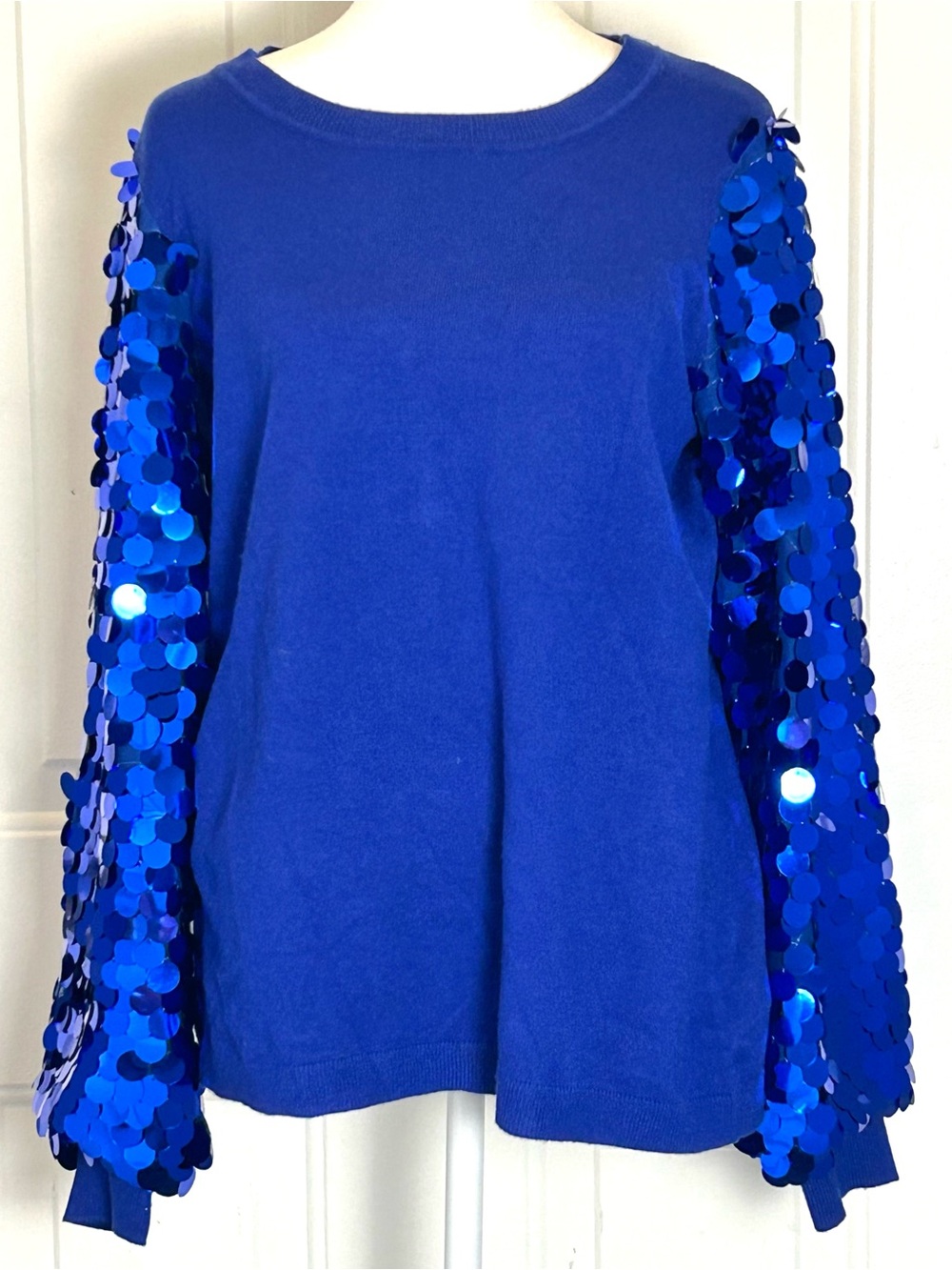 Nina Leonard Sweater Womens Large Blue Knit Pullover Crew Neck Sequin Sleeve